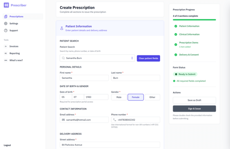 Healistic e-prescription creation screen