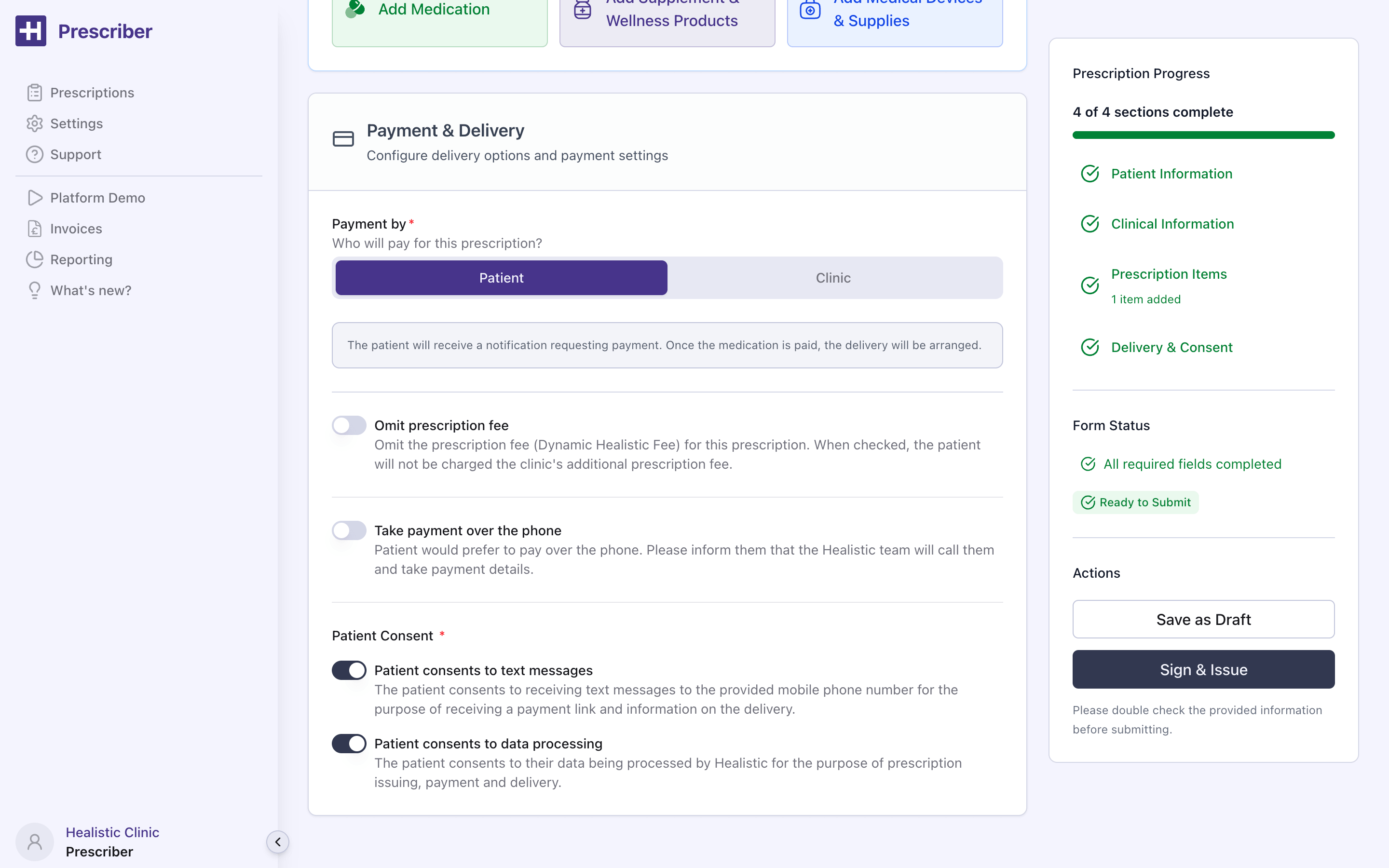 Healistic platform - Payment & Delivery