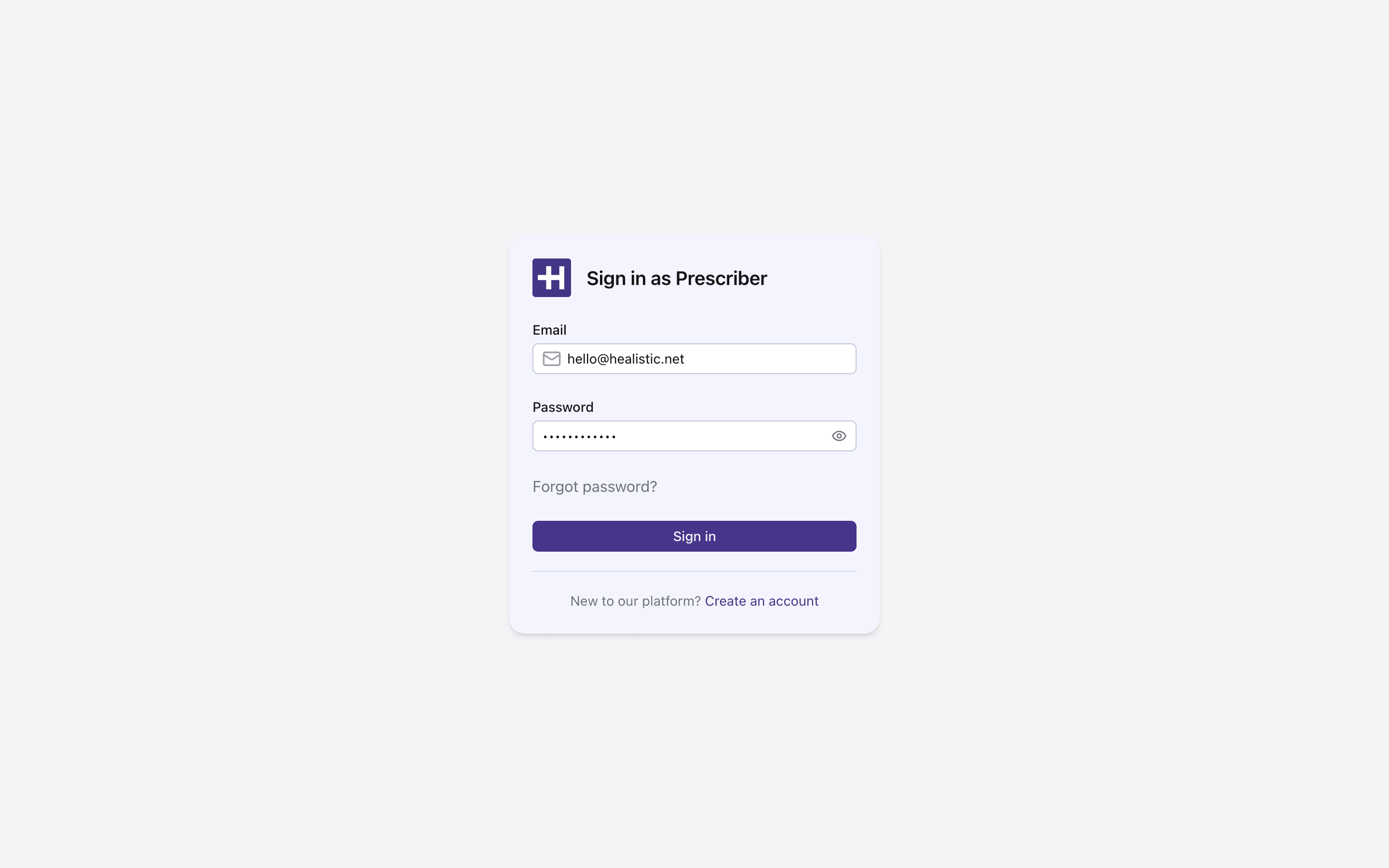 Healistic platform - Login as a Prescriber